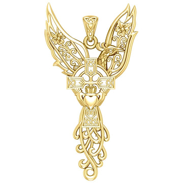 Phoenix Claddagh Cross Filigree Flower Solid Gold Pendant GPD5872 - Jewelry
